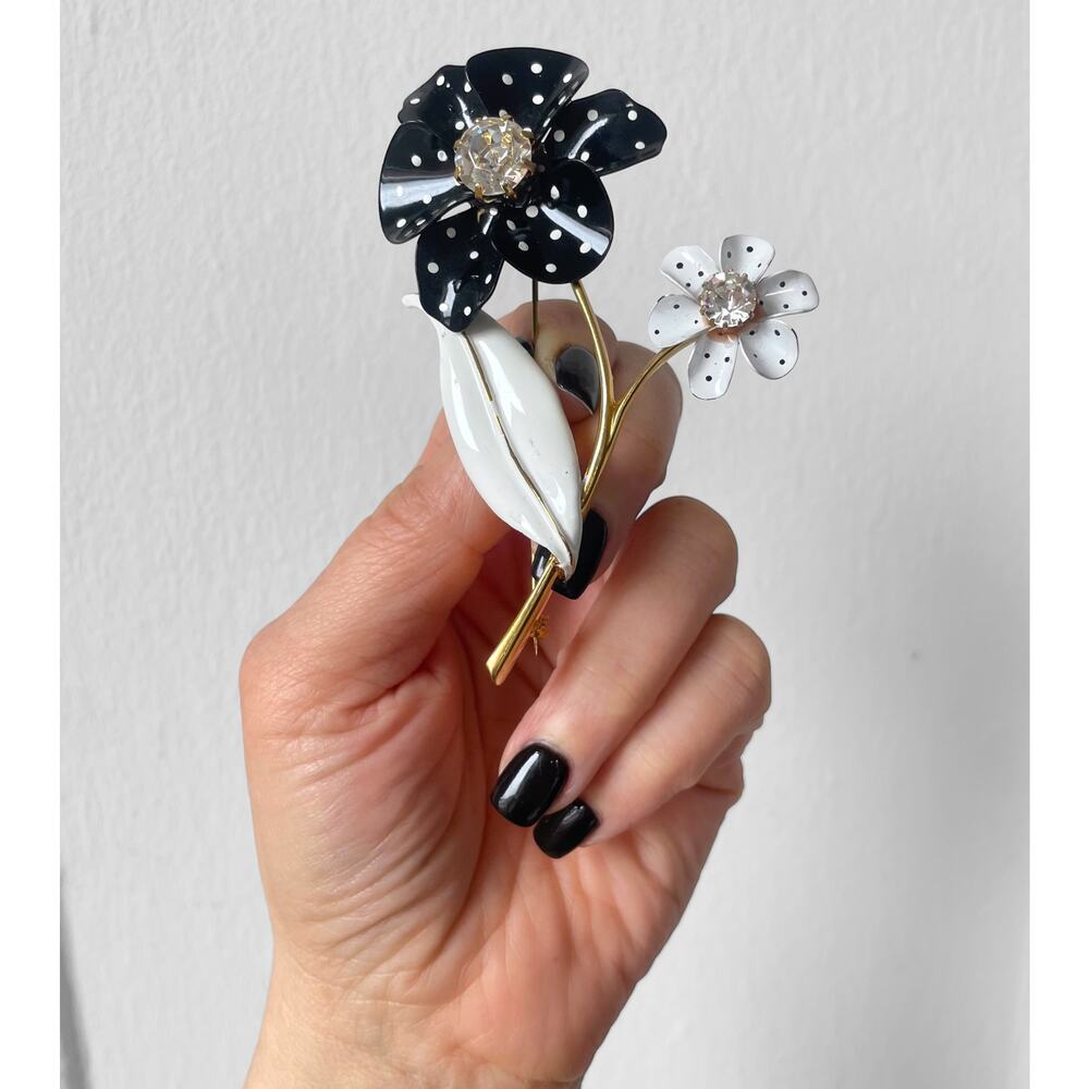 Vintage Giant Avon Black and White Polka-Dot Signed Flower Brooch Pin 70s 80s